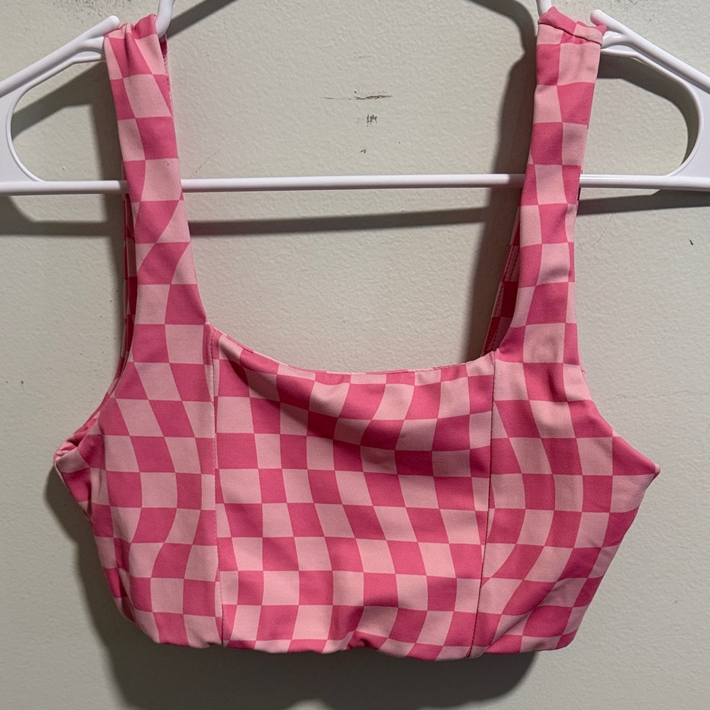 Pink Checkerboard Square-Neck Sports Bra